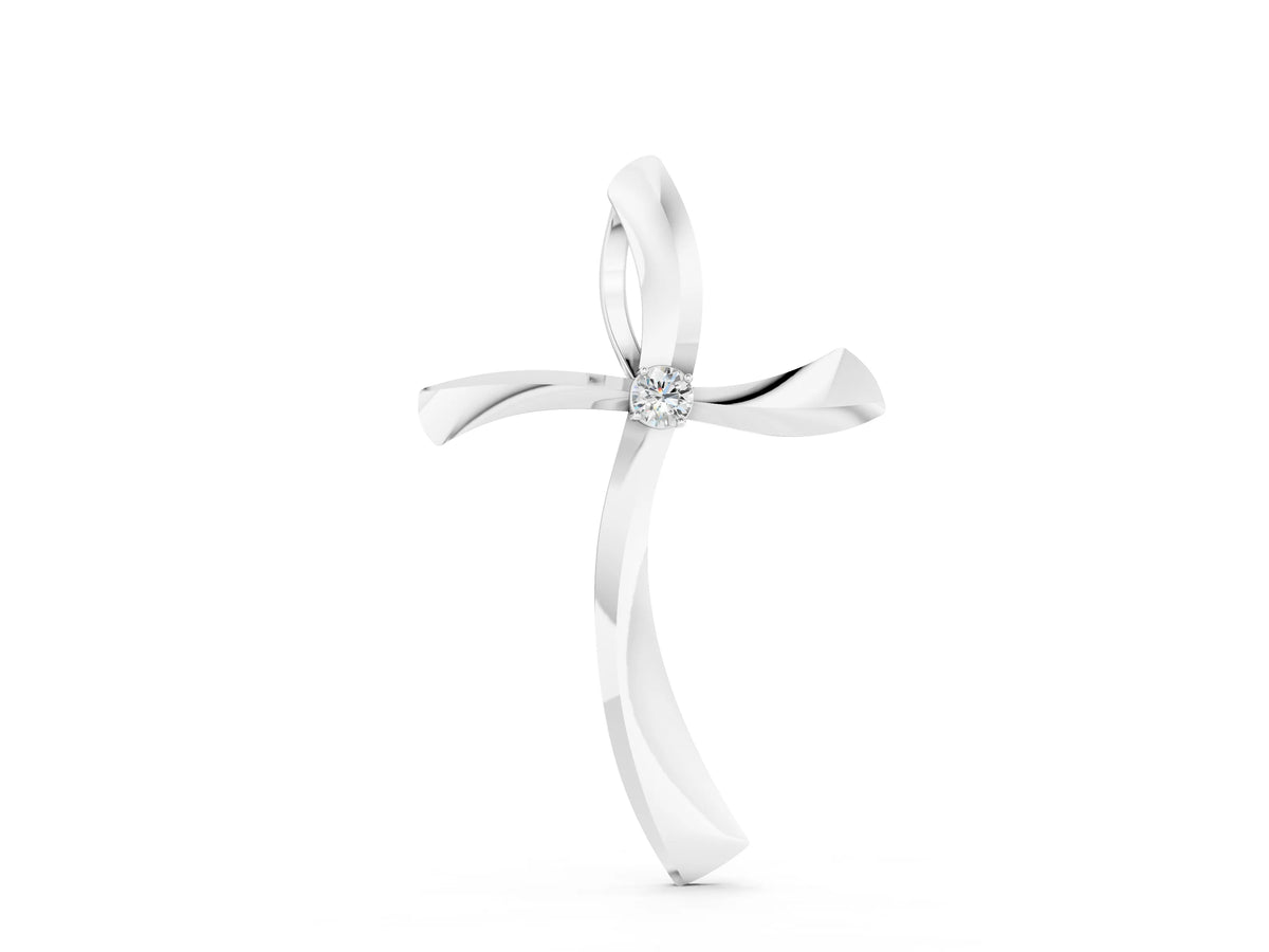 Silver Curved Cross Pendant with Round Diamond in Bezel Setting_4