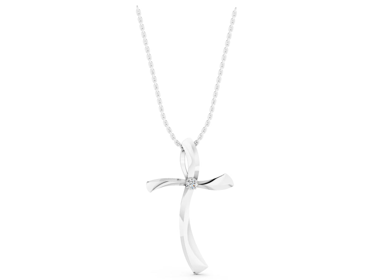 Silver Curved Cross Pendant with Round Diamond in Bezel Setting_5