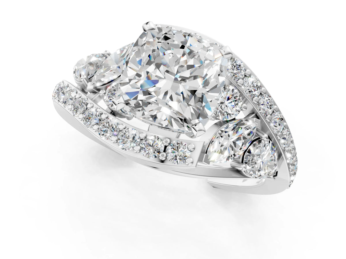 Silver Cushion Cut Diamond Halo Ring with Marquise and Pavé Band in Prong Setting_13
