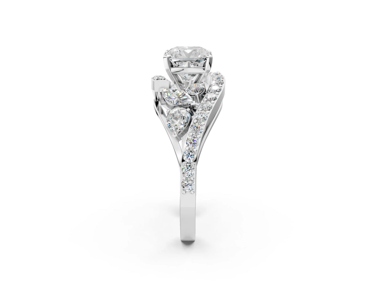 Silver Cushion Cut Diamond Halo Ring with Marquise and Pavé Band in Prong Setting_14
