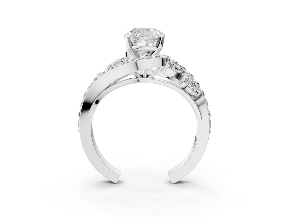 Silver Cushion Cut Diamond Halo Ring with Marquise and Pavé Band in Prong Setting_15