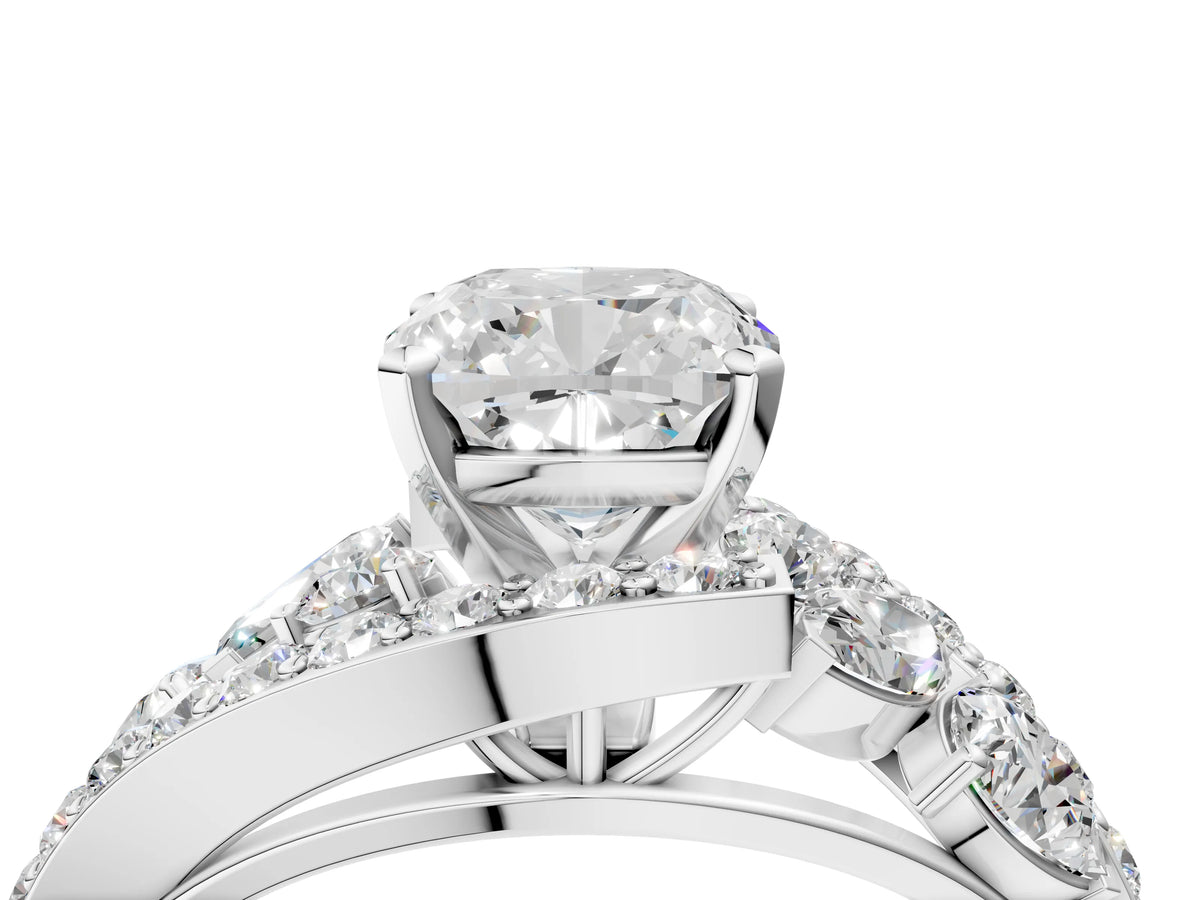 Silver Cushion Cut Diamond Halo Ring with Marquise and Pavé Band in Prong Setting_16