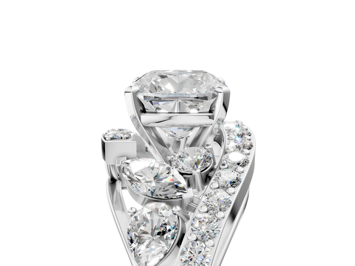 Silver Cushion Cut Diamond Halo Ring with Marquise and Pavé Band in Prong Setting_17