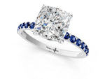 Silver Cushion Cut Diamond Solitaire Ring with Round Blue Sapphire Pavé Band and Prong Setting_13