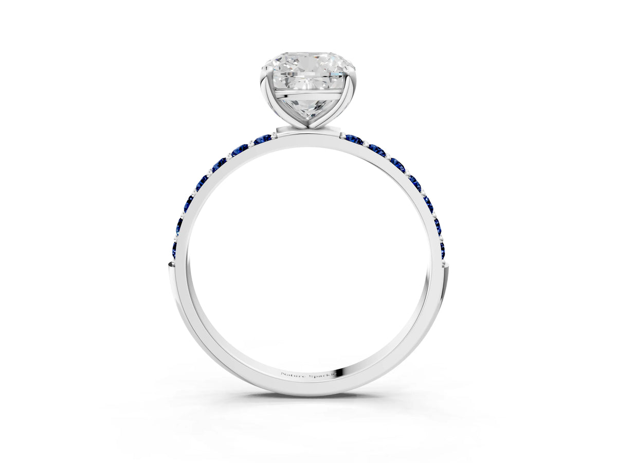 Silver Cushion Cut Diamond Solitaire Ring with Round Blue Sapphire Pavé Band and Prong Setting_15
