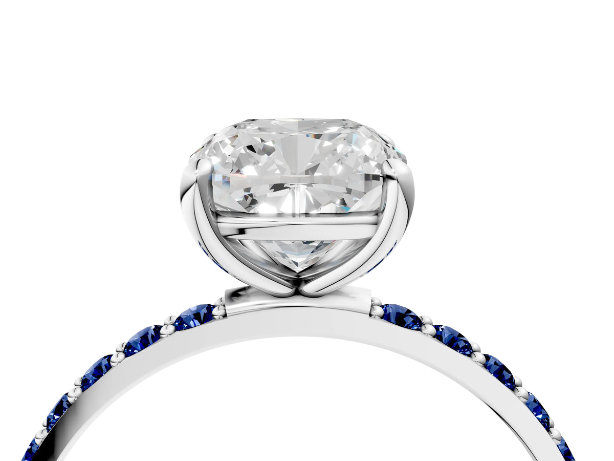 Silver Cushion Cut Diamond Solitaire Ring with Round Blue Sapphire Pavé Band and Prong Setting_16