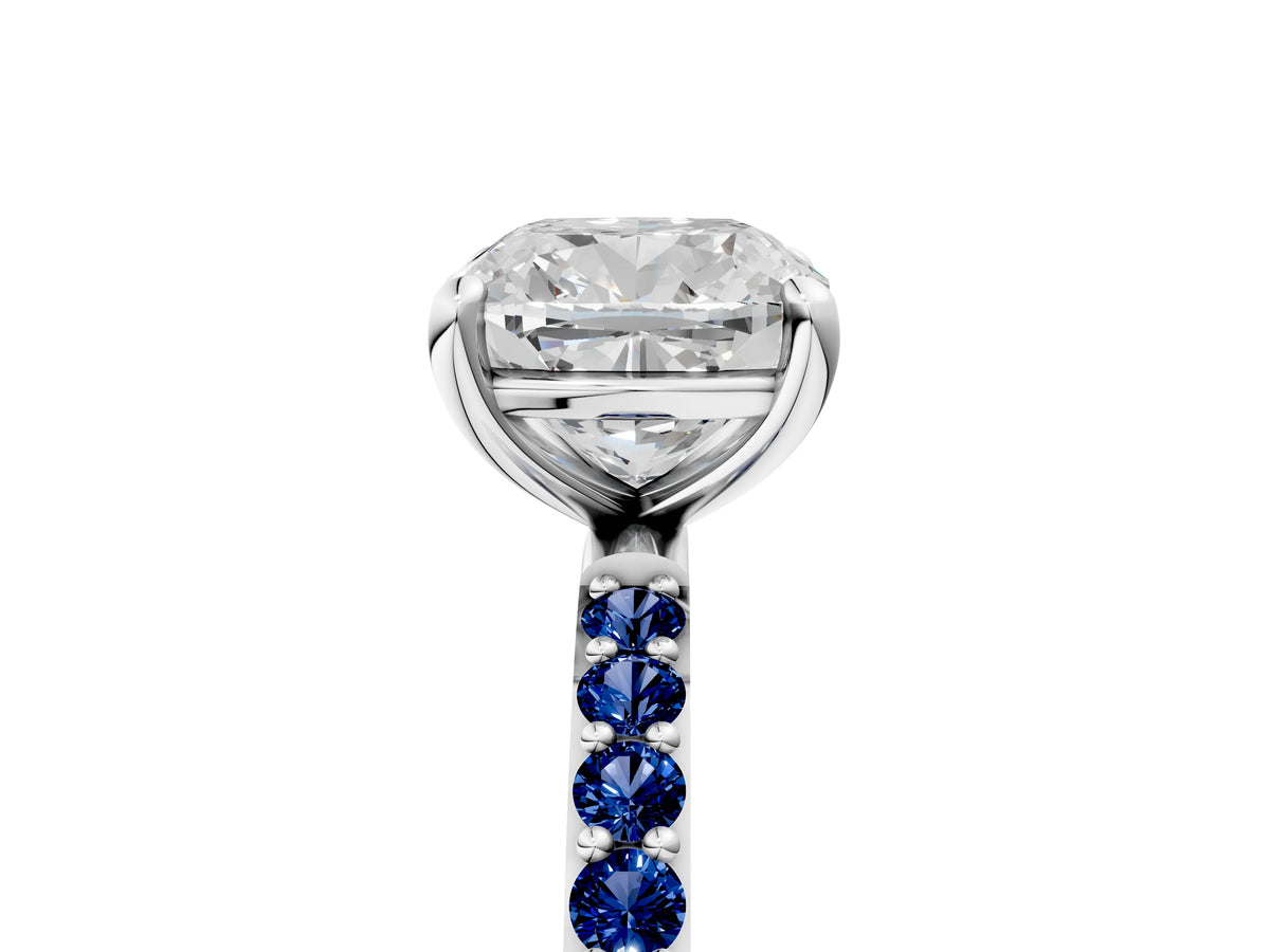 Silver Cushion Cut Diamond Solitaire Ring with Round Blue Sapphire Pavé Band and Prong Setting_17