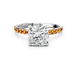 Silver Cushion Cut Diamond Solitaire Ring with Round Citrine Pavé Band and Prong Setting_12
