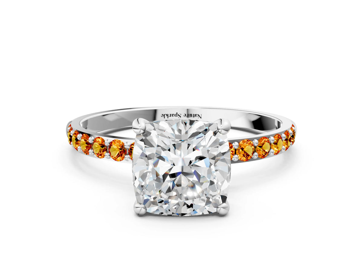 Silver Cushion Cut Diamond Solitaire Ring with Round Citrine Pavé Band and Prong Setting_12