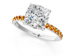 Silver Cushion Cut Diamond Solitaire Ring with Round Citrine Pavé Band and Prong Setting_13