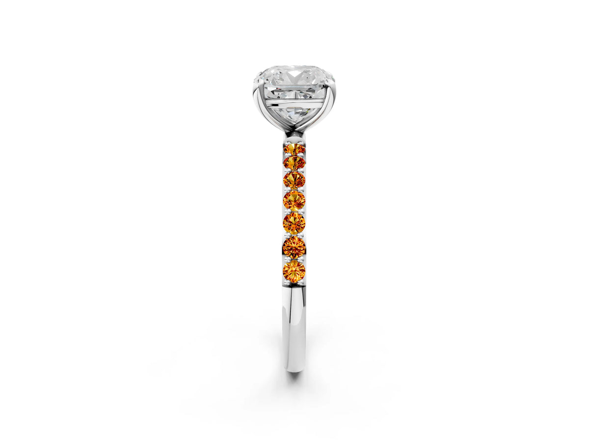 Silver Cushion Cut Diamond Solitaire Ring with Round Citrine Pavé Band and Prong Setting_14