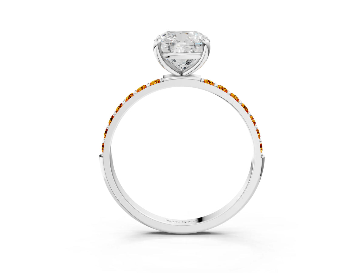 Silver Cushion Cut Diamond Solitaire Ring with Round Citrine Pavé Band and Prong Setting_15