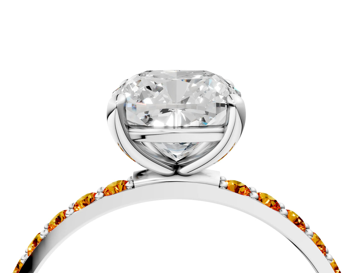 Silver Cushion Cut Diamond Solitaire Ring with Round Citrine Pavé Band and Prong Setting_16