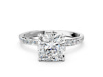 Silver Cushion Cut Diamond Solitaire Ring with Round Moissanite Pavé Band and Prong Setting_12