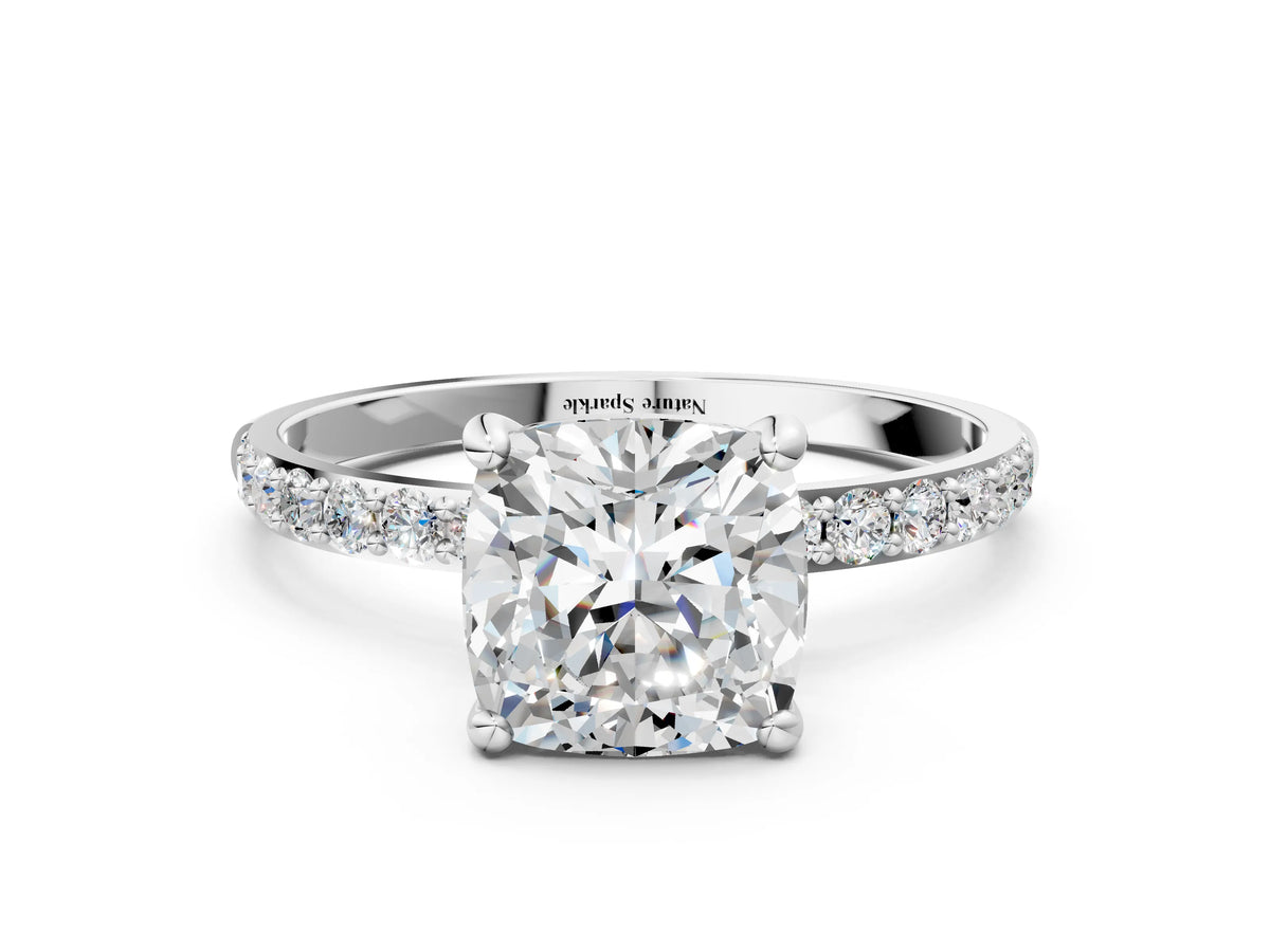 Silver Cushion Cut Diamond Solitaire Ring with Round Moissanite Pavé Band and Prong Setting_12