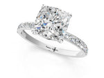 Silver Cushion Cut Diamond Solitaire Ring with Round Moissanite Pavé Band and Prong Setting_13