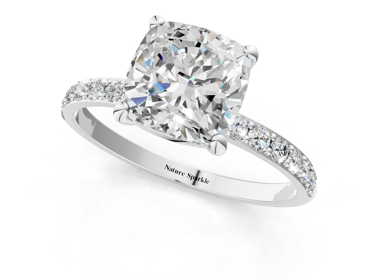 Silver Cushion Cut Diamond Solitaire Ring with Round Moissanite Pavé Band and Prong Setting_13