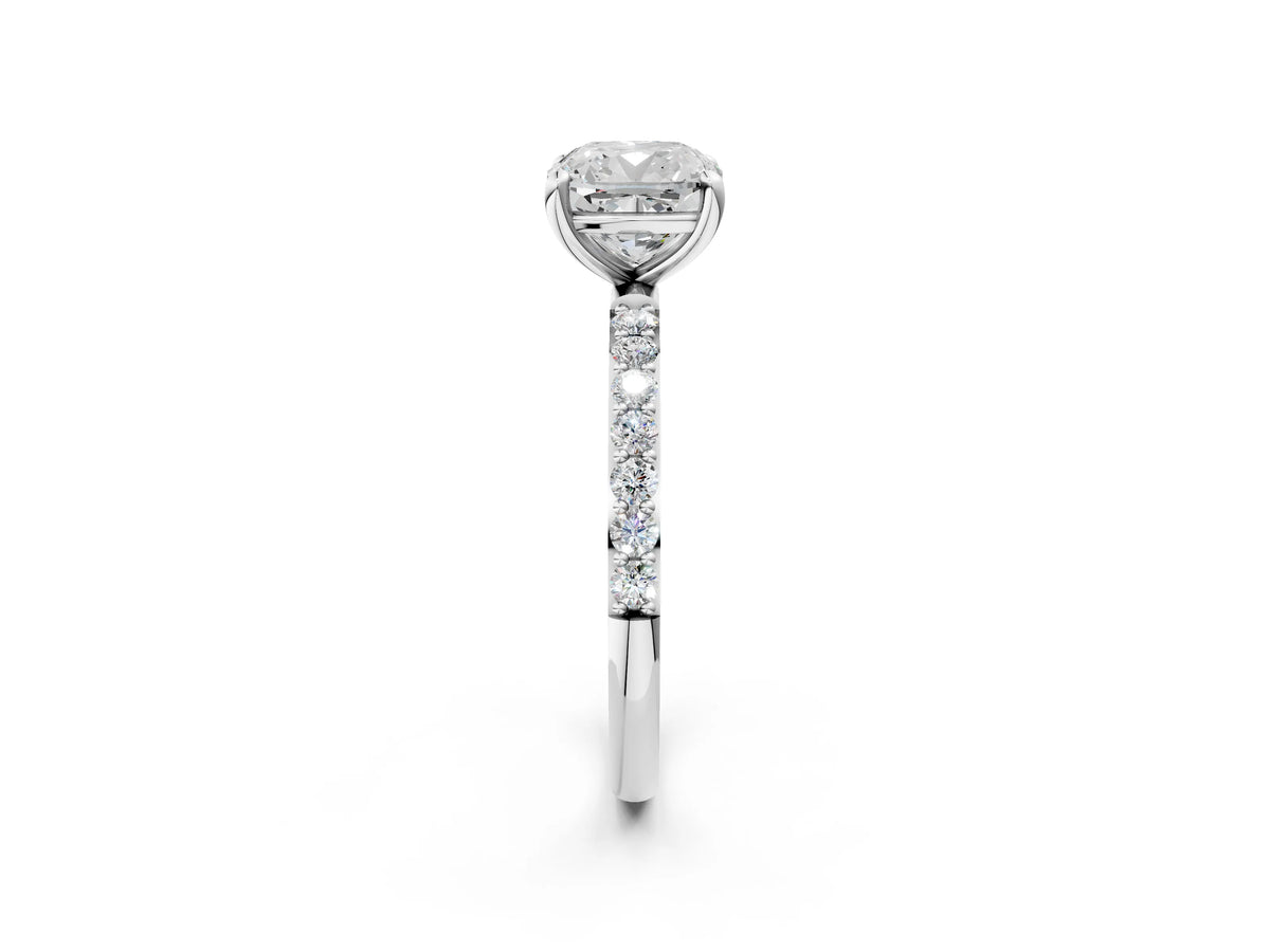 Silver Cushion Cut Diamond Solitaire Ring with Round Moissanite Pavé Band and Prong Setting_14