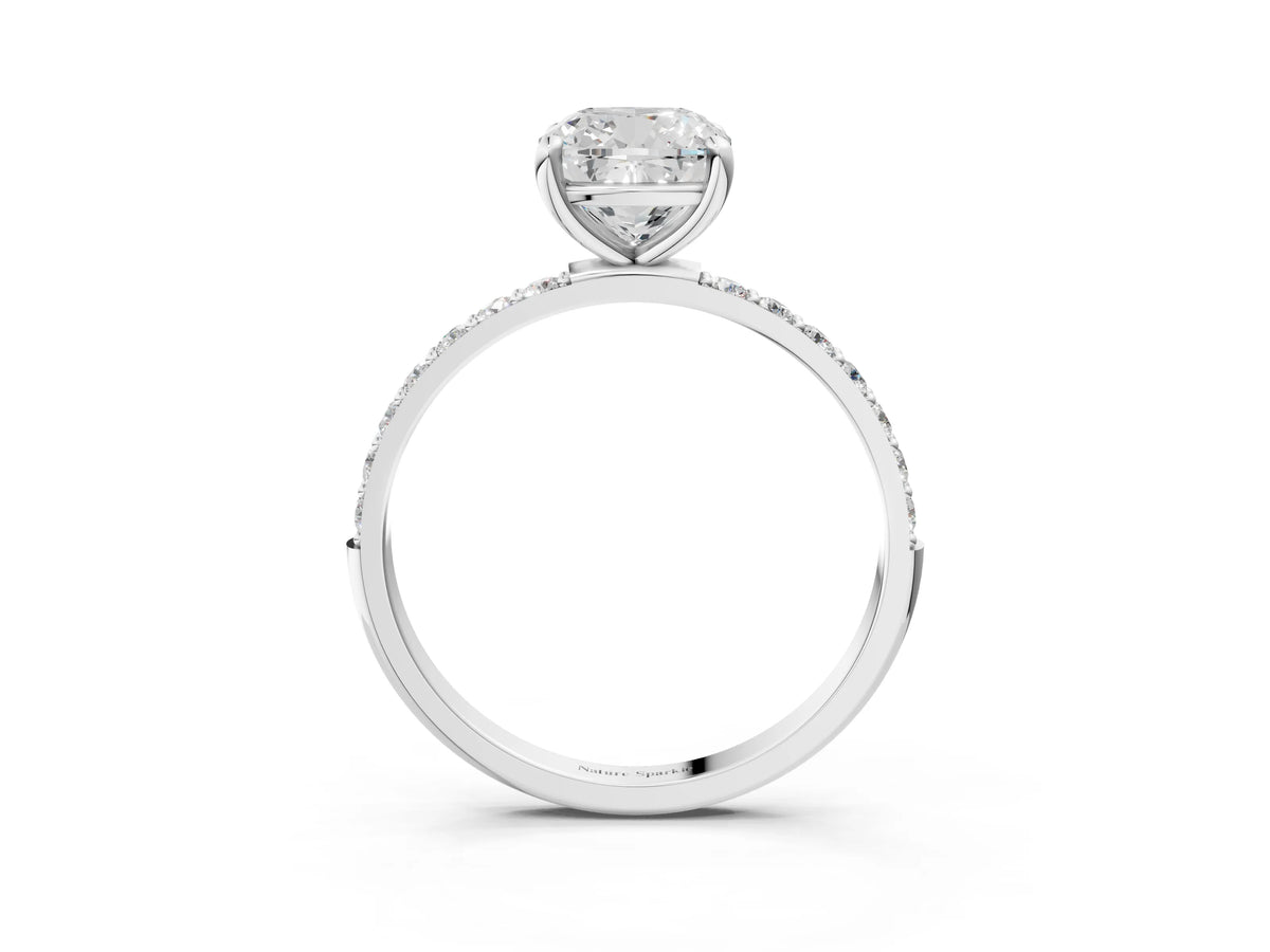 Silver Cushion Cut Diamond Solitaire Ring with Round Moissanite Pavé Band and Prong Setting_15