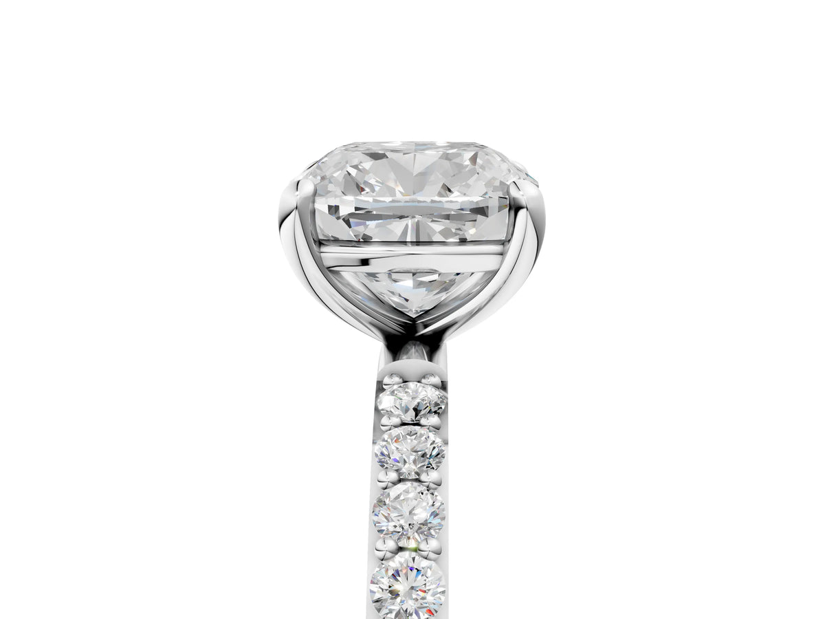 Silver Cushion Cut Diamond Solitaire Ring with Round Moissanite Pavé Band and Prong Setting_17