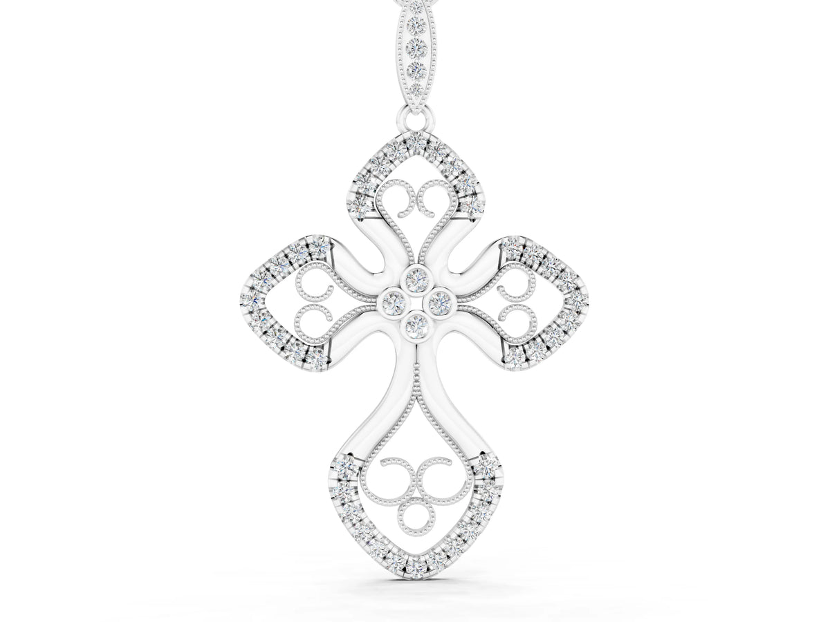 Silver Diamond Pavé Round Milgrain Cross Pendant_2