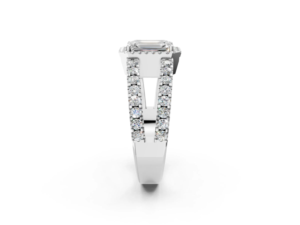 Silver Emerald Cut Cut Halo Split Shank Diamond Ring with Four-Prong Setting_104