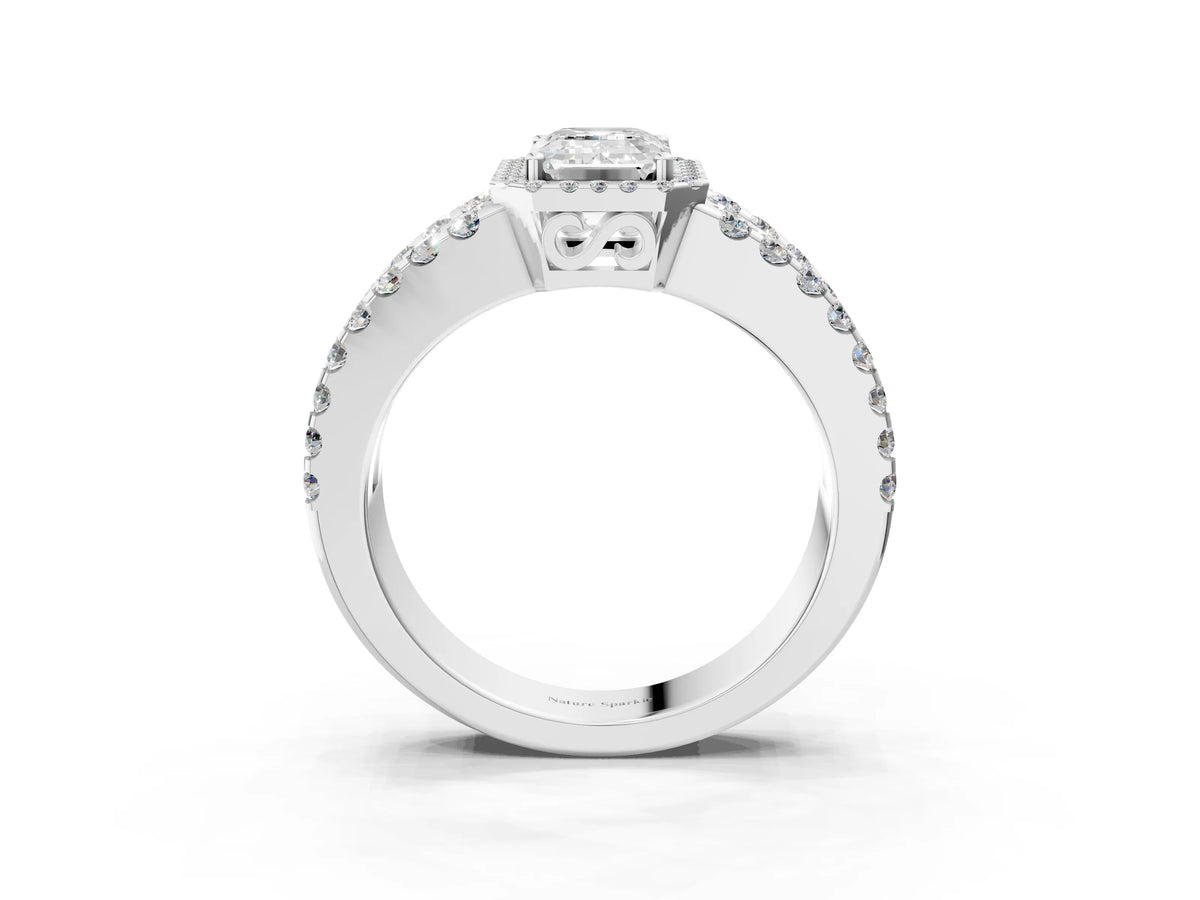 Silver Emerald Cut Cut Halo Split Shank Diamond Ring with Four-Prong Setting_105