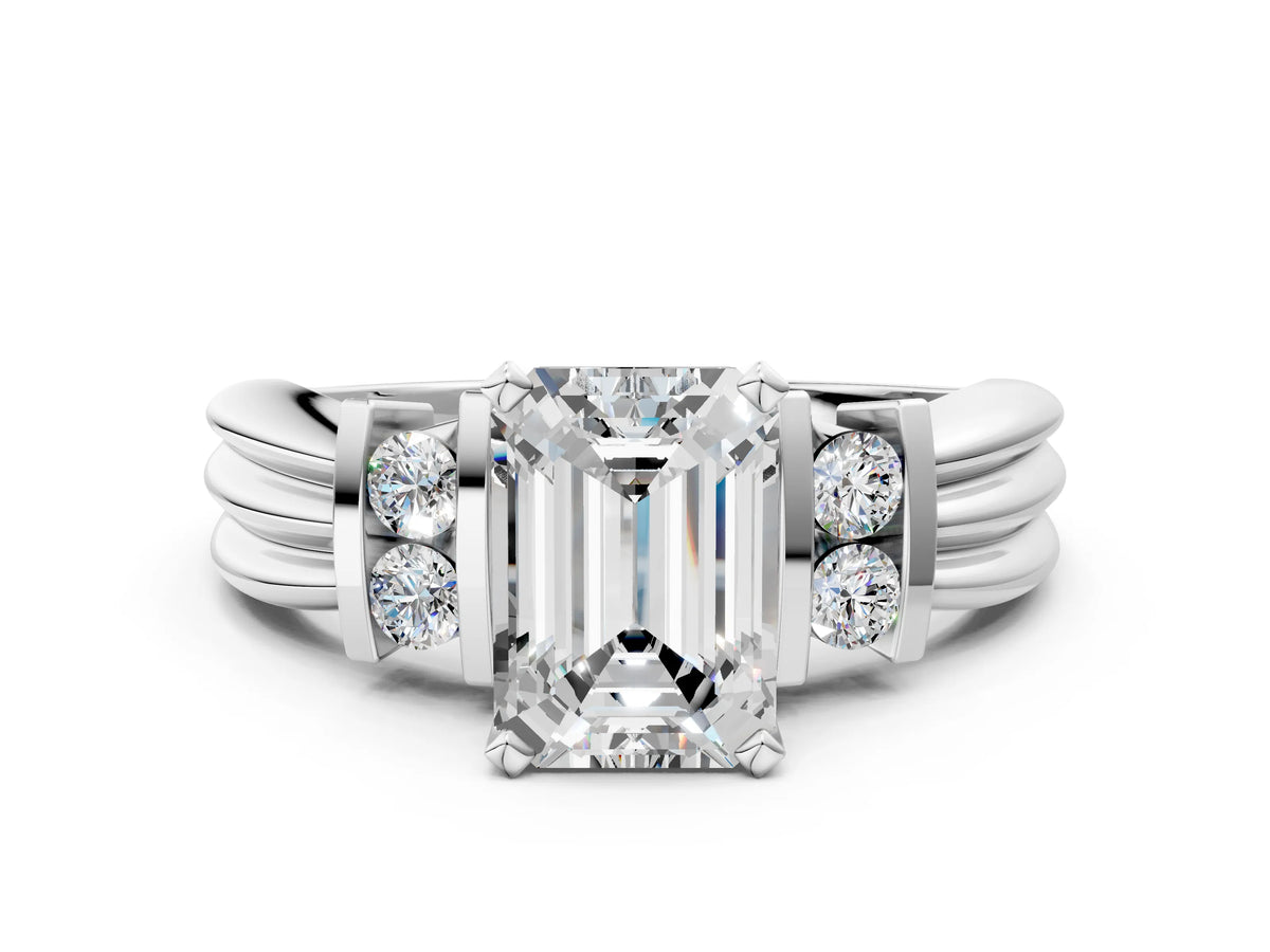 Silver Emerald Cut Cut Three-Stone Channel Set Ring with Bar Prongs_12