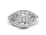 Silver Emerald Cut Diamond Halo Ring with Marquise and Pavé Band in Prong Setting_12