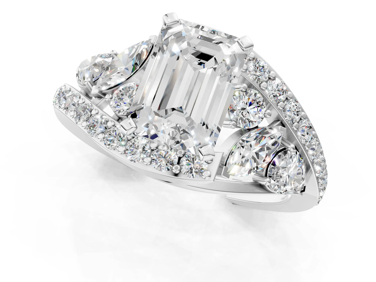 Silver Emerald Cut Diamond Halo Ring with Marquise and Pavé Band in Prong Setting_13