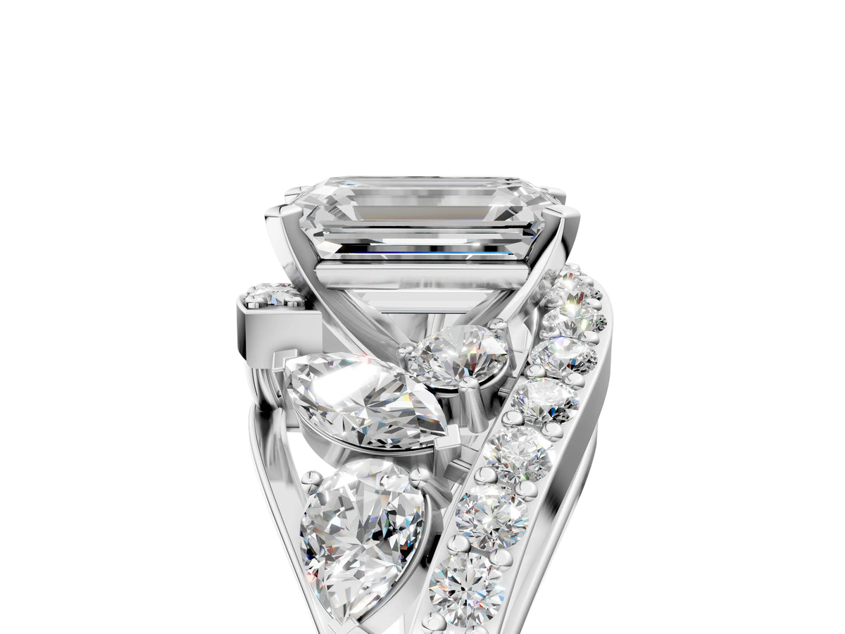 Silver Emerald Cut Diamond Halo Ring with Marquise and Pavé Band in Prong Setting_17