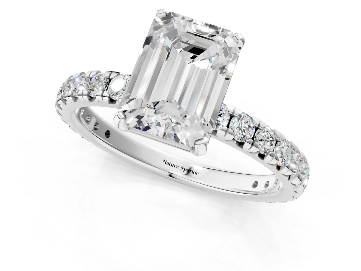Silver Emerald Cut Diamond Pavé Solitaire Ring with Round Band and Prong Setting_1