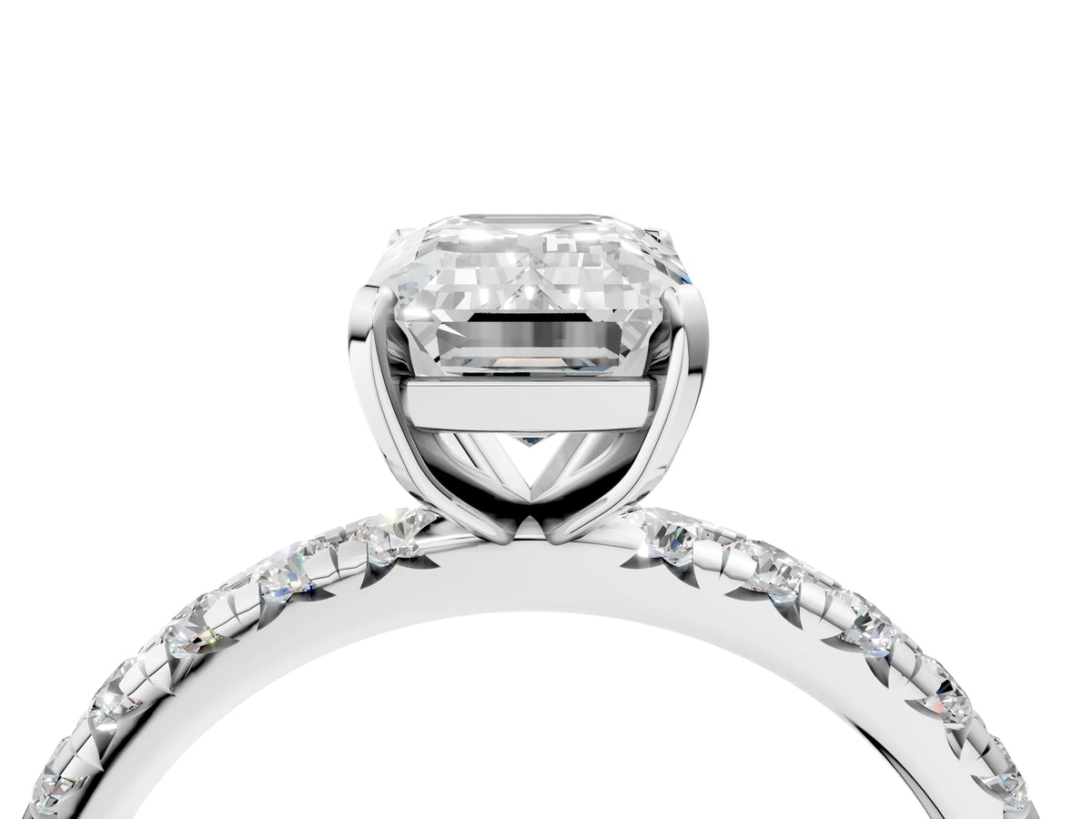 Silver Emerald Cut Diamond Pavé Solitaire Ring with Round Band and Prong Setting_4