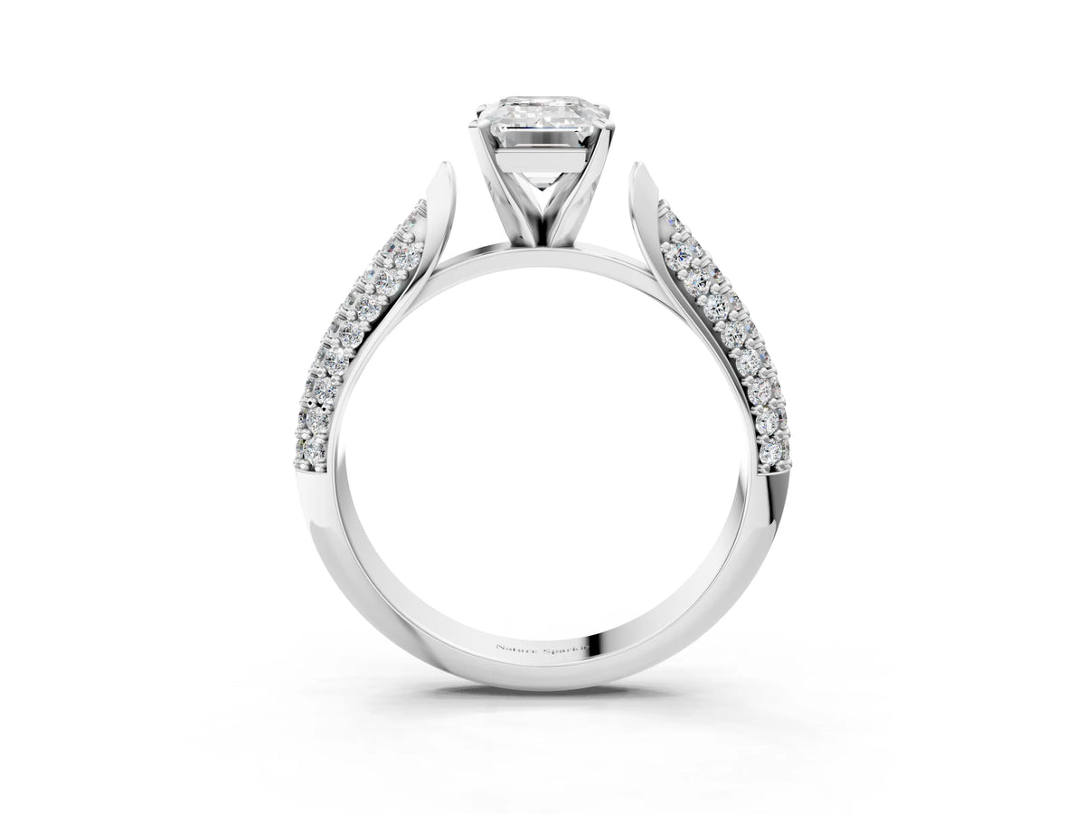 Silver Emerald Cut Diamond Solitaire Engagement Ring with Multi-Row Round Pavé Band and Prong Setting_9