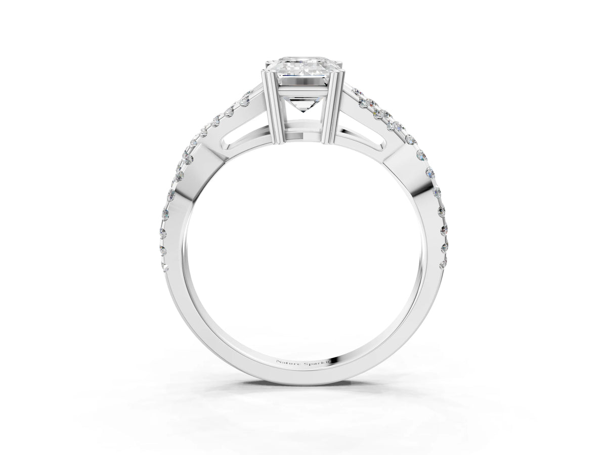 Silver Emerald Cut Diamond Solitaire Ring with Four-Prong Setting and Twisted Pavé Band_9
