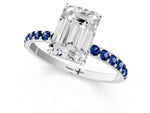 Silver Emerald Cut Diamond Solitaire Ring with Round Blue Sapphire Pavé Band and Prong Setting_7