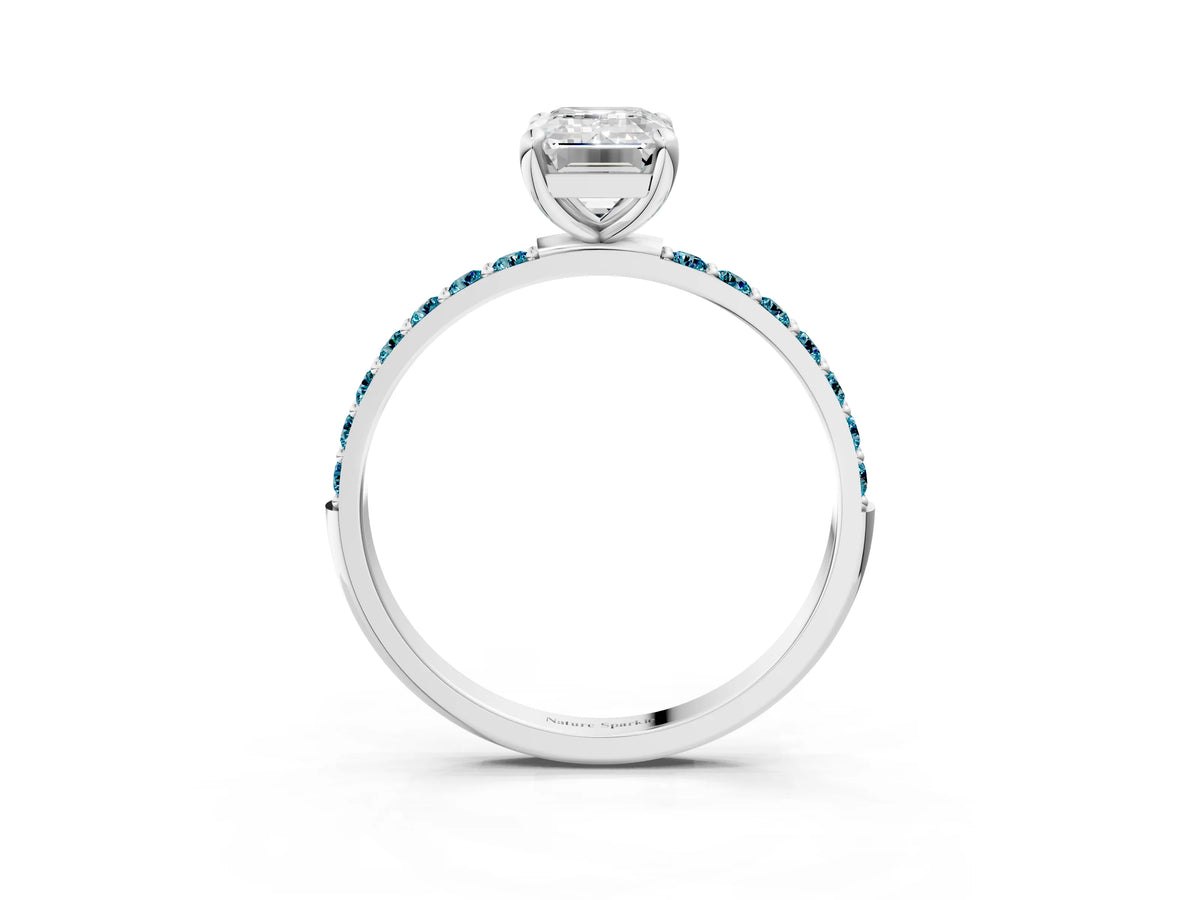 Silver Emerald Cut Diamond Solitaire Ring with Round Blue Topaz Pavé Band and Prong Setting_9