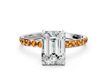 Silver Emerald Cut Diamond Solitaire Ring with Round Citrine Pavé Band and Prong Setting_6