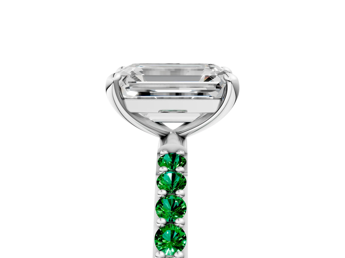 Silver Emerald Cut Diamond Solitaire Ring with Round Emerald Pavé Band and Prong Setting_11