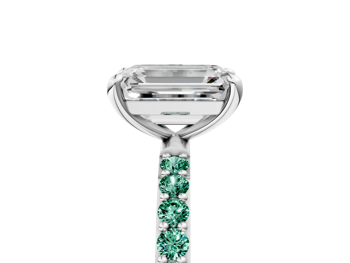 Silver Emerald Cut Diamond Solitaire Ring with Round Green Sapphire Pavé Band and Prong Setting_11