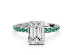 Silver Emerald Cut Diamond Solitaire Ring with Round Green Sapphire Pavé Band and Prong Setting_6