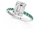 Silver Emerald Cut Diamond Solitaire Ring with Round Green Sapphire Pavé Band and Prong Setting_7