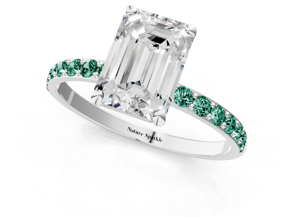 Silver Emerald Cut Diamond Solitaire Ring with Round Green Sapphire Pavé Band and Prong Setting_7