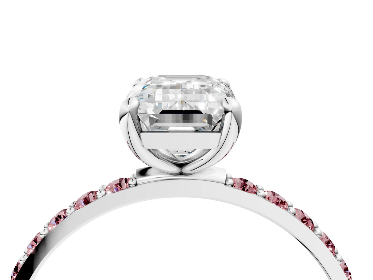 Silver Emerald Cut Diamond Solitaire Ring with Round Morganite Pavé Band and Prong Setting_10