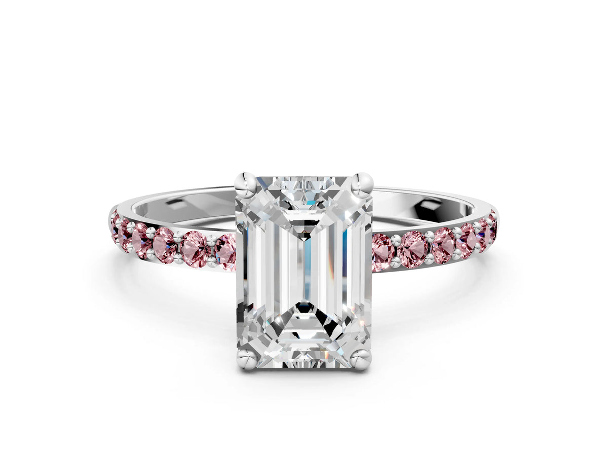 Silver Emerald Cut Diamond Solitaire Ring with Round Morganite Pavé Band and Prong Setting_6