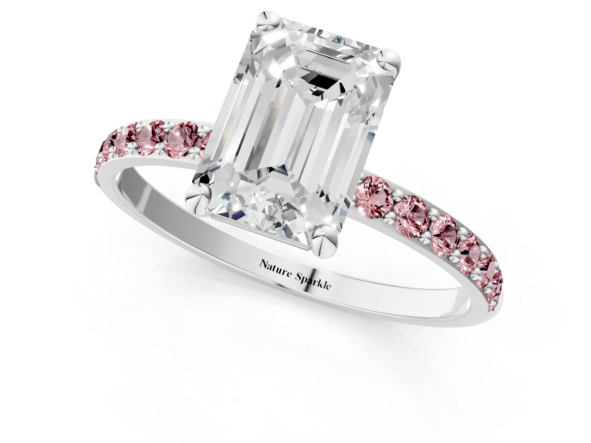 Silver Emerald Cut Diamond Solitaire Ring with Round Morganite Pavé Band and Prong Setting_7