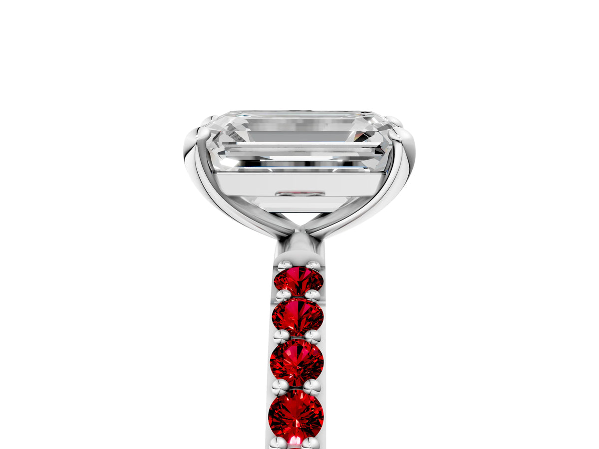 Silver Emerald Cut Diamond Solitaire Ring with Round Ruby Pavé Band and Prong Setting_11