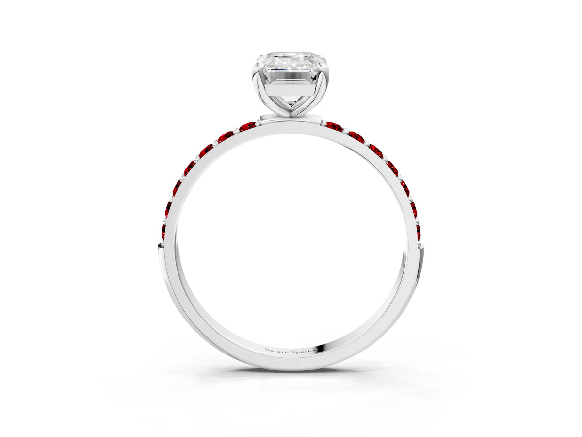 Silver Emerald Cut Diamond Solitaire Ring with Round Ruby Pavé Band and Prong Setting_9