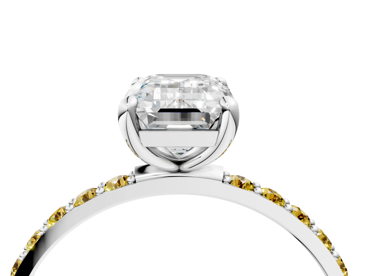 Silver Emerald Cut Diamond Solitaire Ring with Round Yellow Sapphire Pavé Band and Prong Setting_10