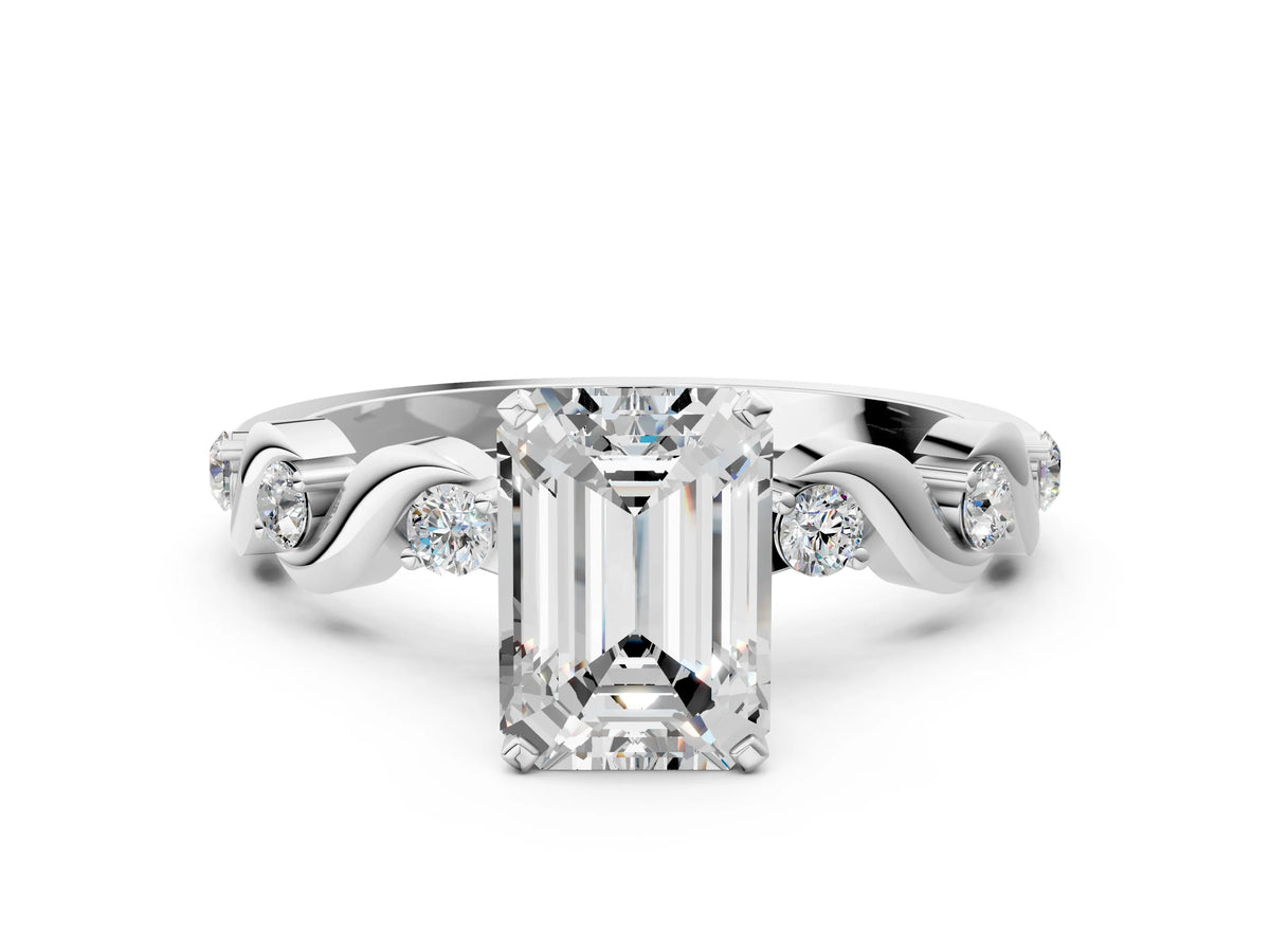 Silver Emerald Cut Diamond Solitaire Twisted Band with Round Accents and Prong Setting_12